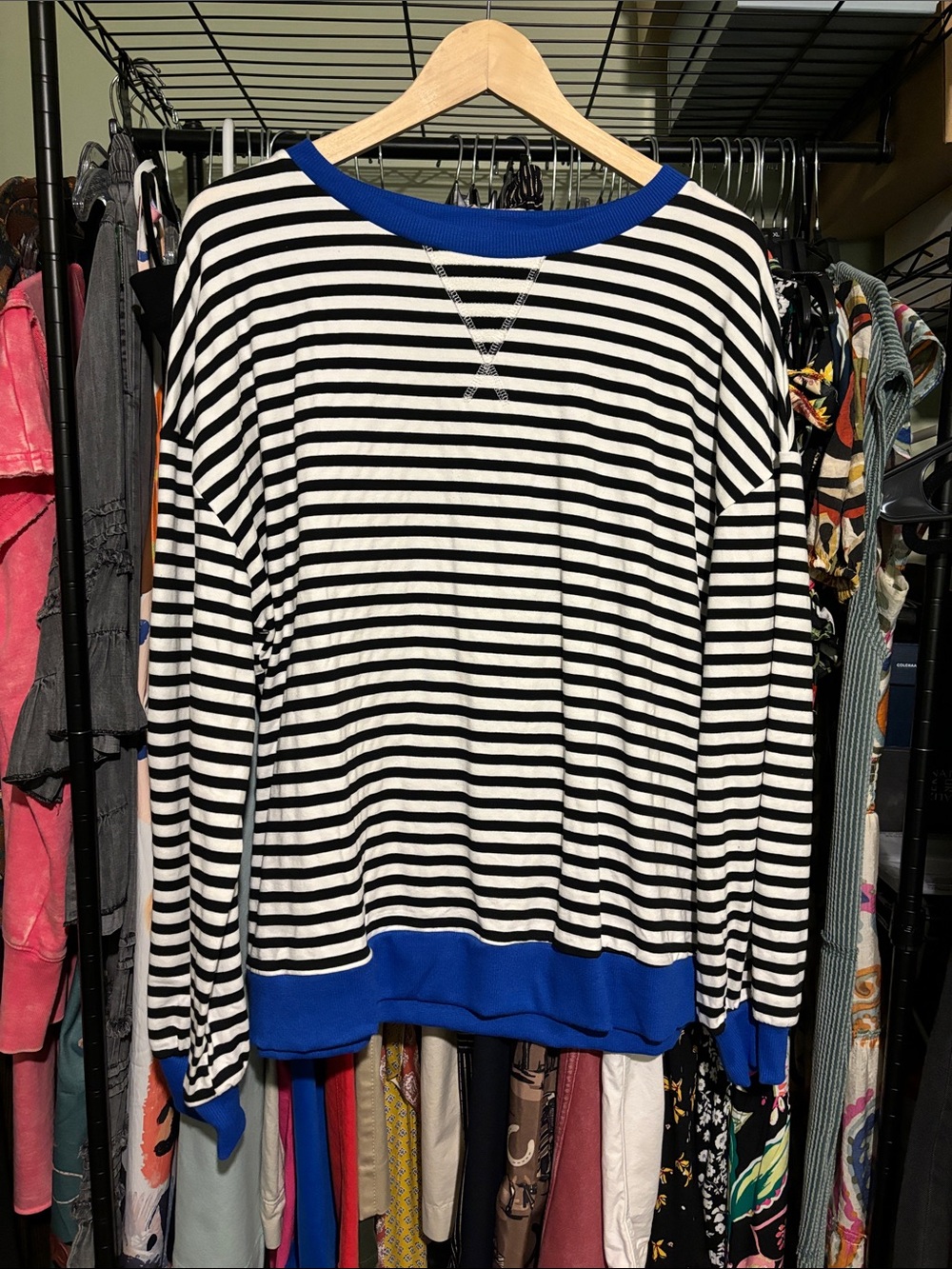 Striped Black & White Long Sleeve Top with Blue Trim